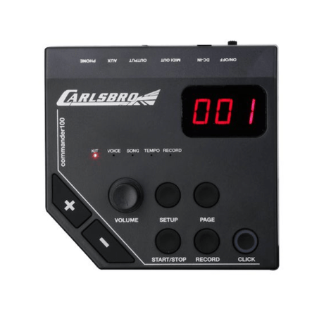 Close-up of the Carlsbro CLUB100 Electronic Drum Kit's pads and control panel showing various features