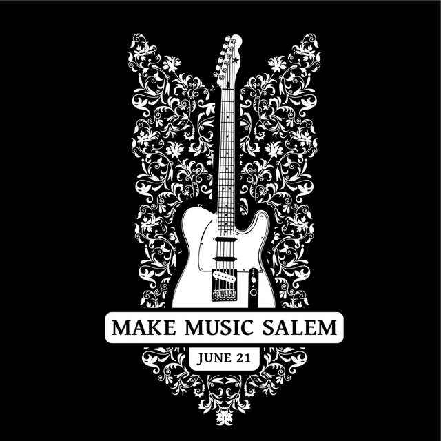 Make Music Salem Floral Guitar White Logo Black T-Shirt (POS)