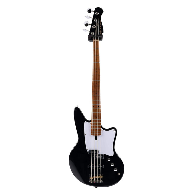 Front angle highlighting the stylish gloss black finish, pickguard options, and resonant poplar body of the Ashdown Saint Bass