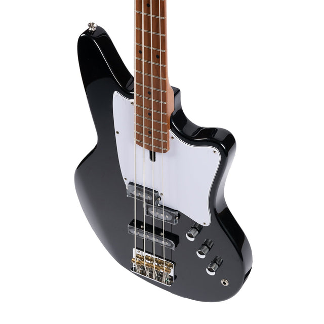 Close-up of the P & J Alnico pickups and glossy black body of the Ashdown Saint Bass Guitar