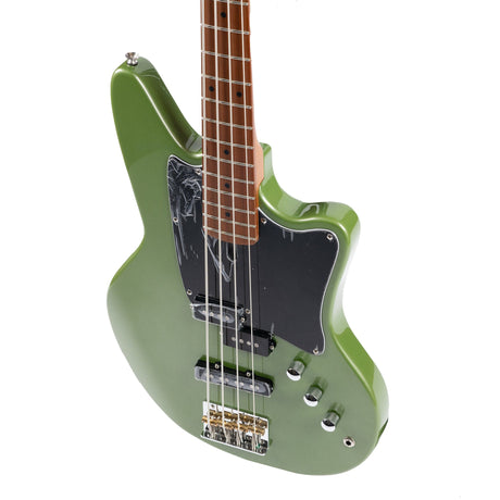 Close-up of the Ashdown Roasted Saint Soapbar Bass guitar showcasing its Onyx Green Metallic body and vintage chrome machine heads