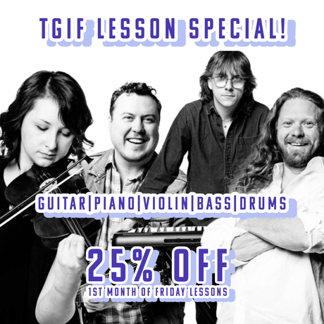 Four RiverCity Rock Star Academy music teachers promoting the TGIF Lesson Special — 25% off the first month of Friday lessons for guitar, piano, violin, bass, and drums. Bold purple and white text over black-and-white portraits of the instructors.