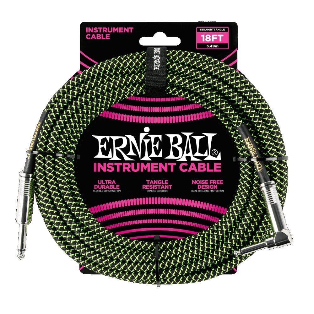 Ernie Ball 18ft Braided Straight Angle Instrument Cable Black Green Cables Ernie Ball - RiverCity Rockstar Academy Music Store, Salem Keizer Oregon