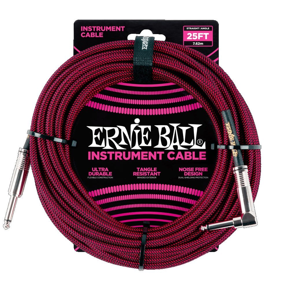 Ernie Ball 25ft Braided Straight Angle Instrument Cable Black Red Cables Ernie Ball - RiverCity Rockstar Academy Music Store, Salem Keizer Oregon